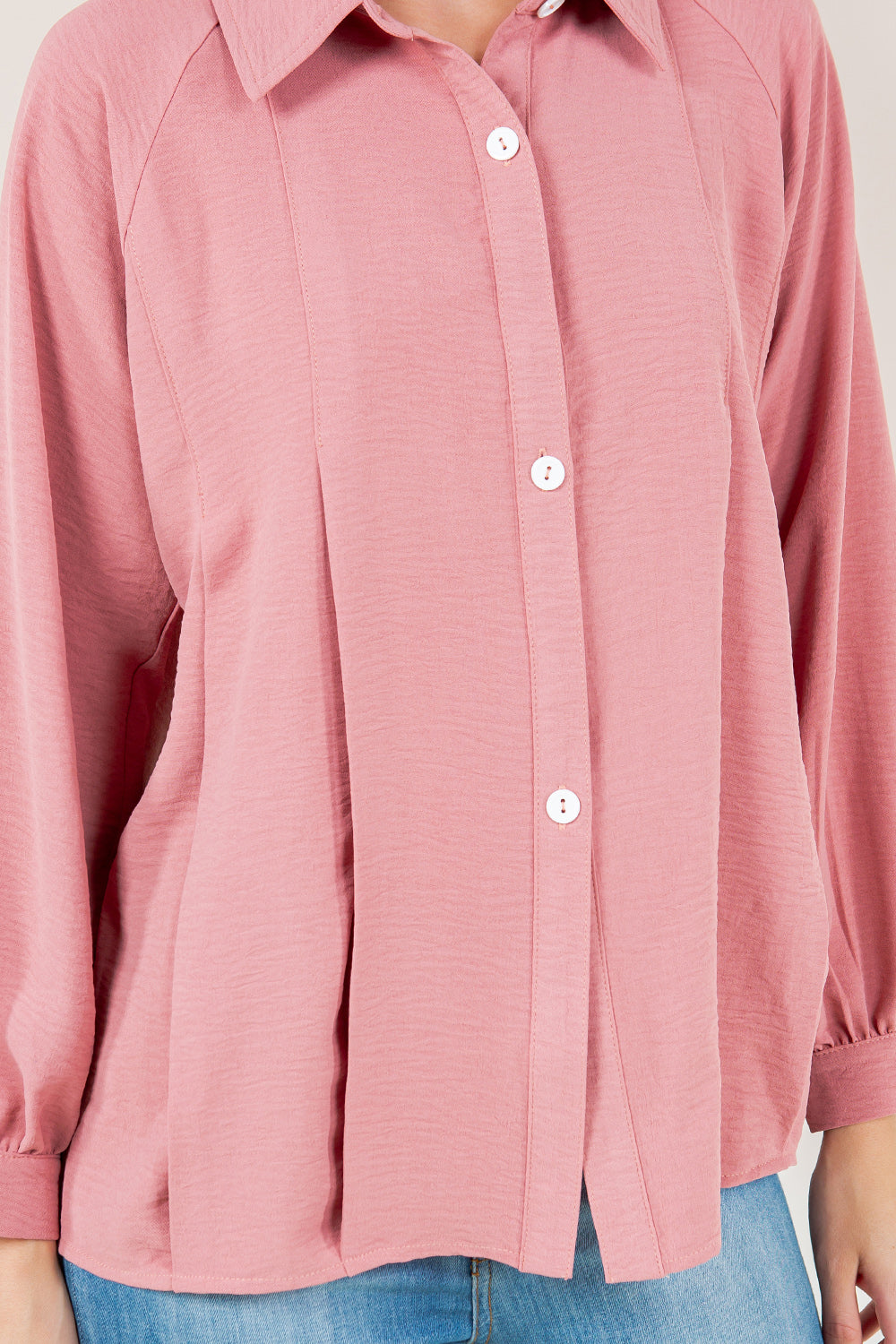 LS RAGLAN PLEATED BUTTON FRONT SHIRT - T11609-MAUVE