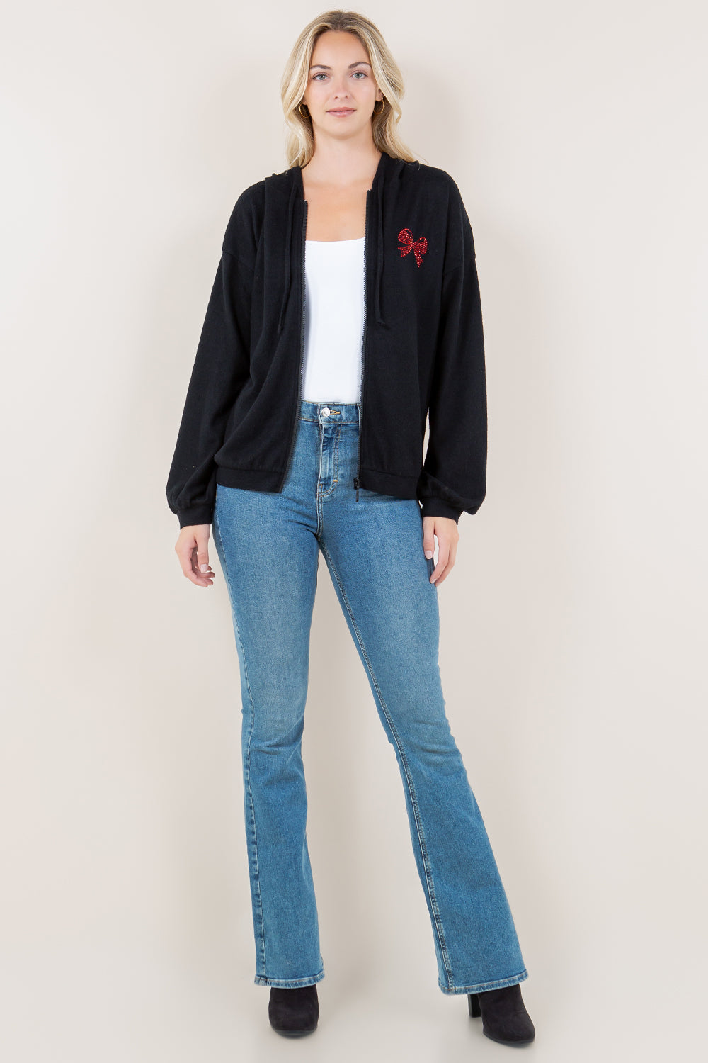 LS ZIP UP CURVE HEM BAND HOODIE - T11610-BLK-RIBBON