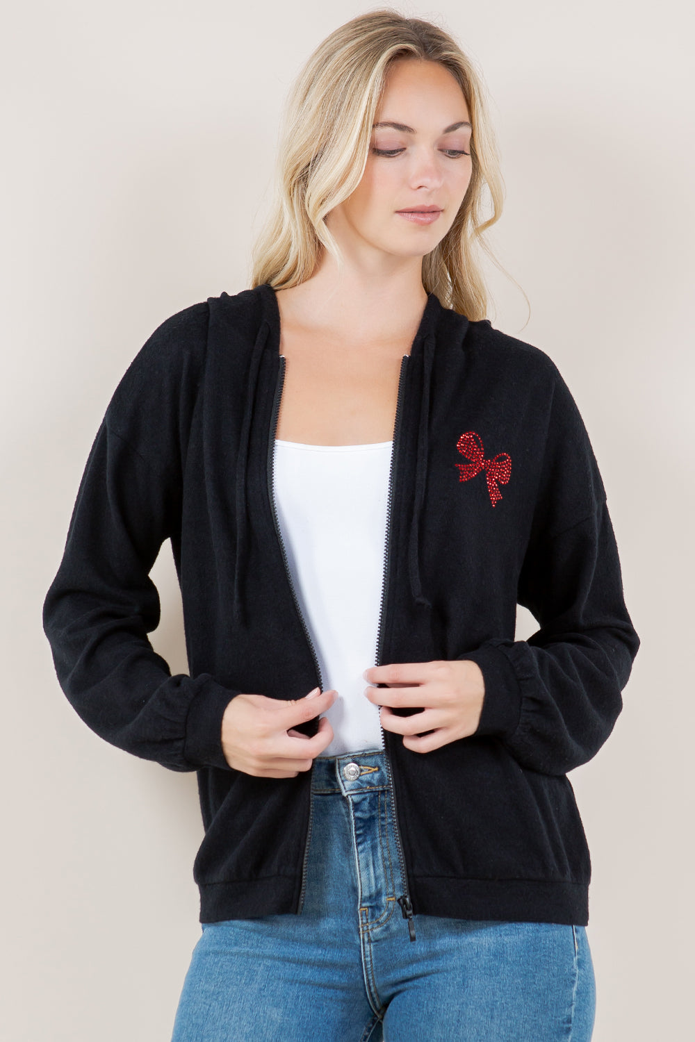 LS ZIP UP CURVE HEM BAND HOODIE - T11610-BLK-RIBBON