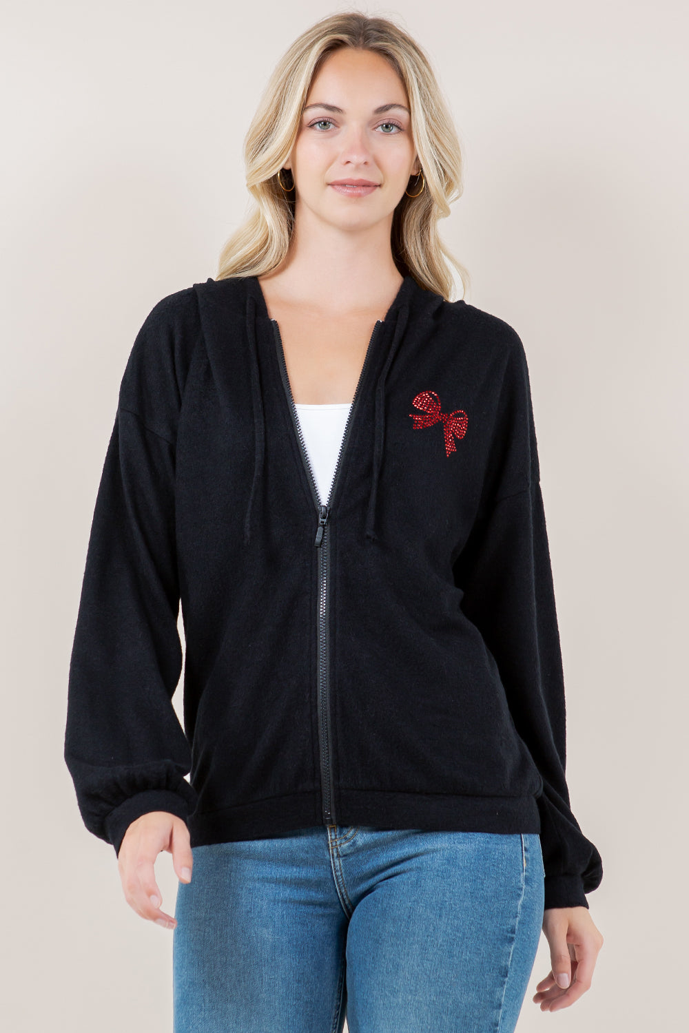 LS ZIP UP CURVE HEM BAND HOODIE - T11610-BLK-RIBBON