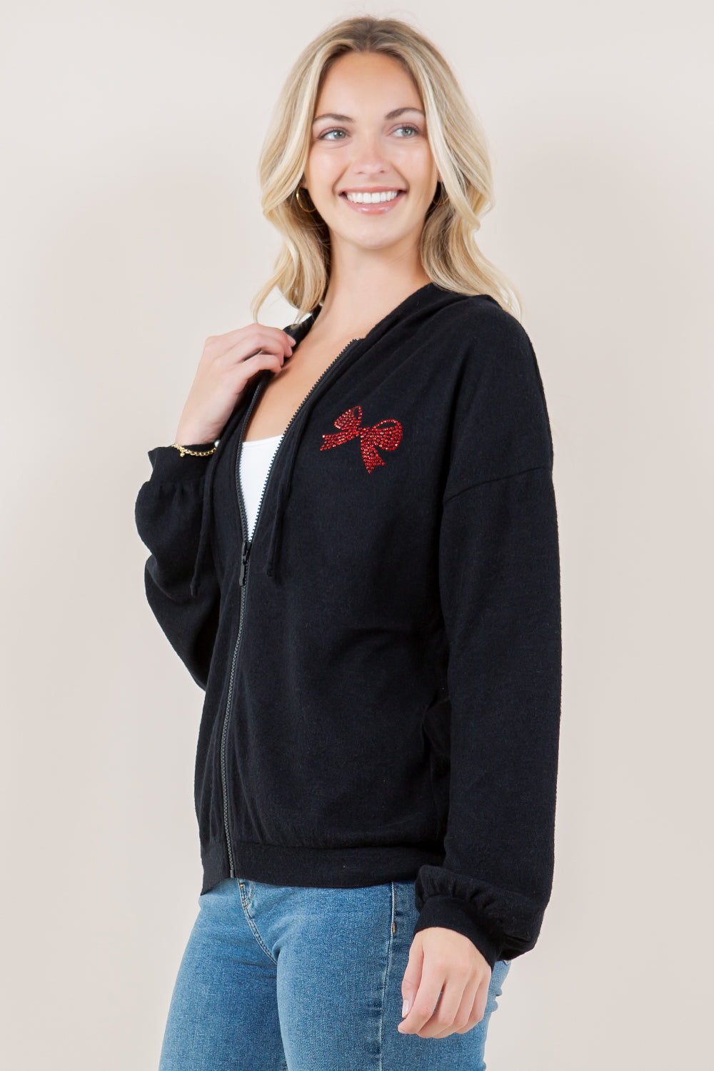 LS ZIP UP CURVE HEM BAND HOODIE - T11610-BLK-RIBBON