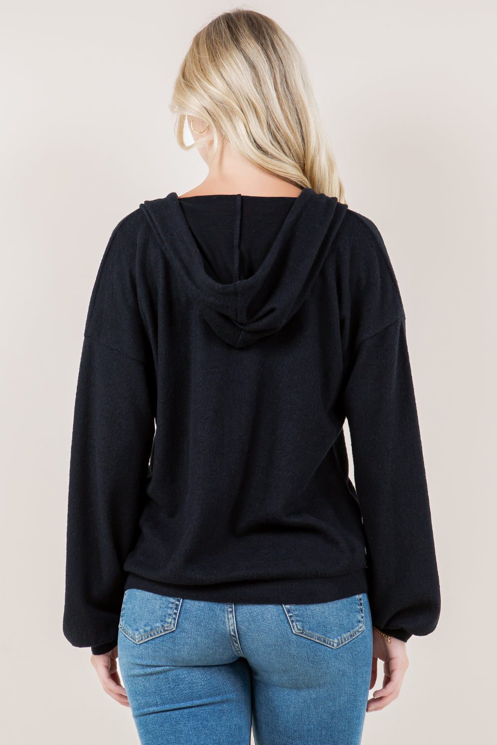 LS ZIP UP CURVE HEM BAND HOODIE - T11610-BLK-RIBBON