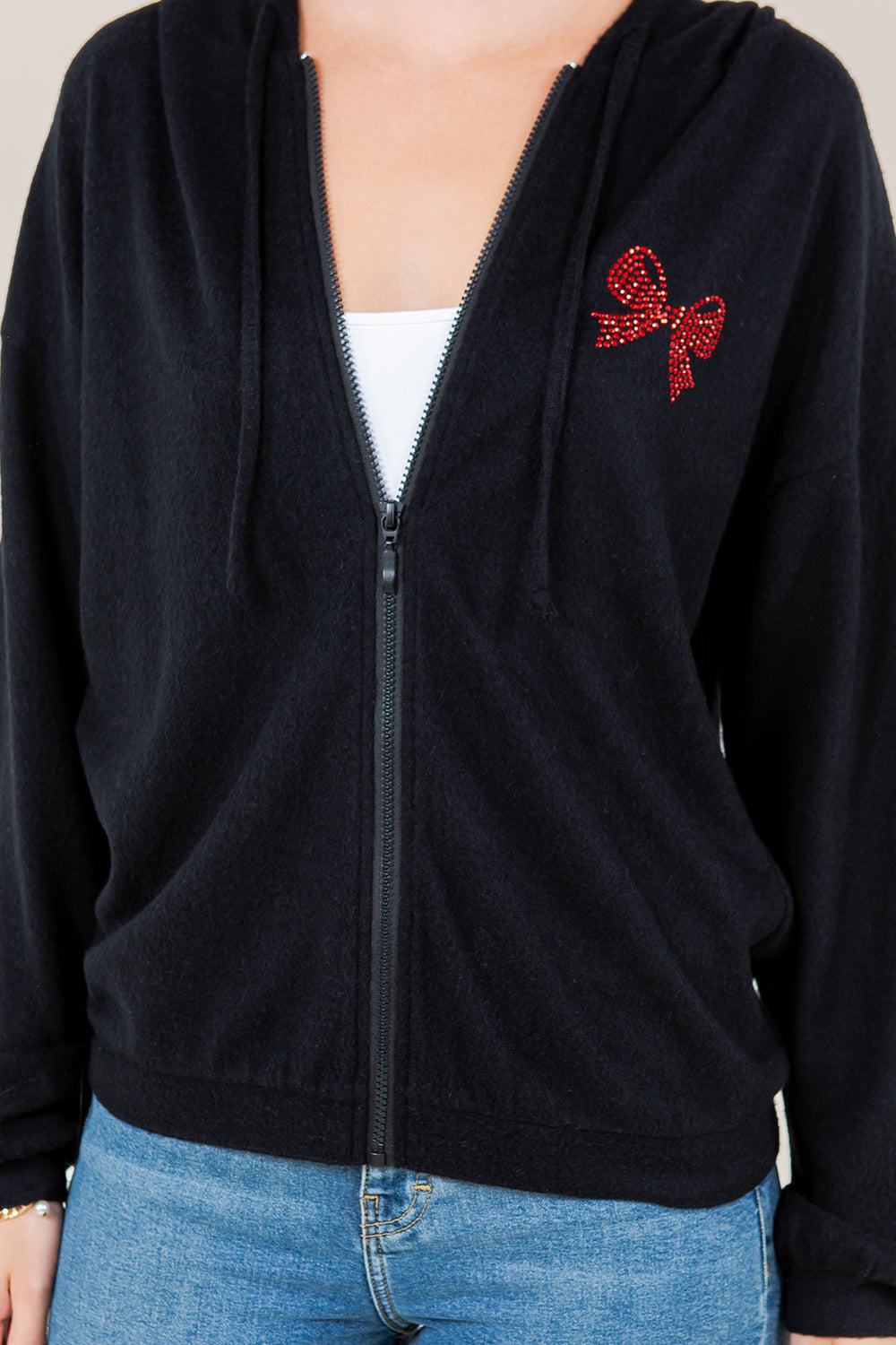 LS ZIP UP CURVE HEM BAND HOODIE - T11610-BLK-RIBBON