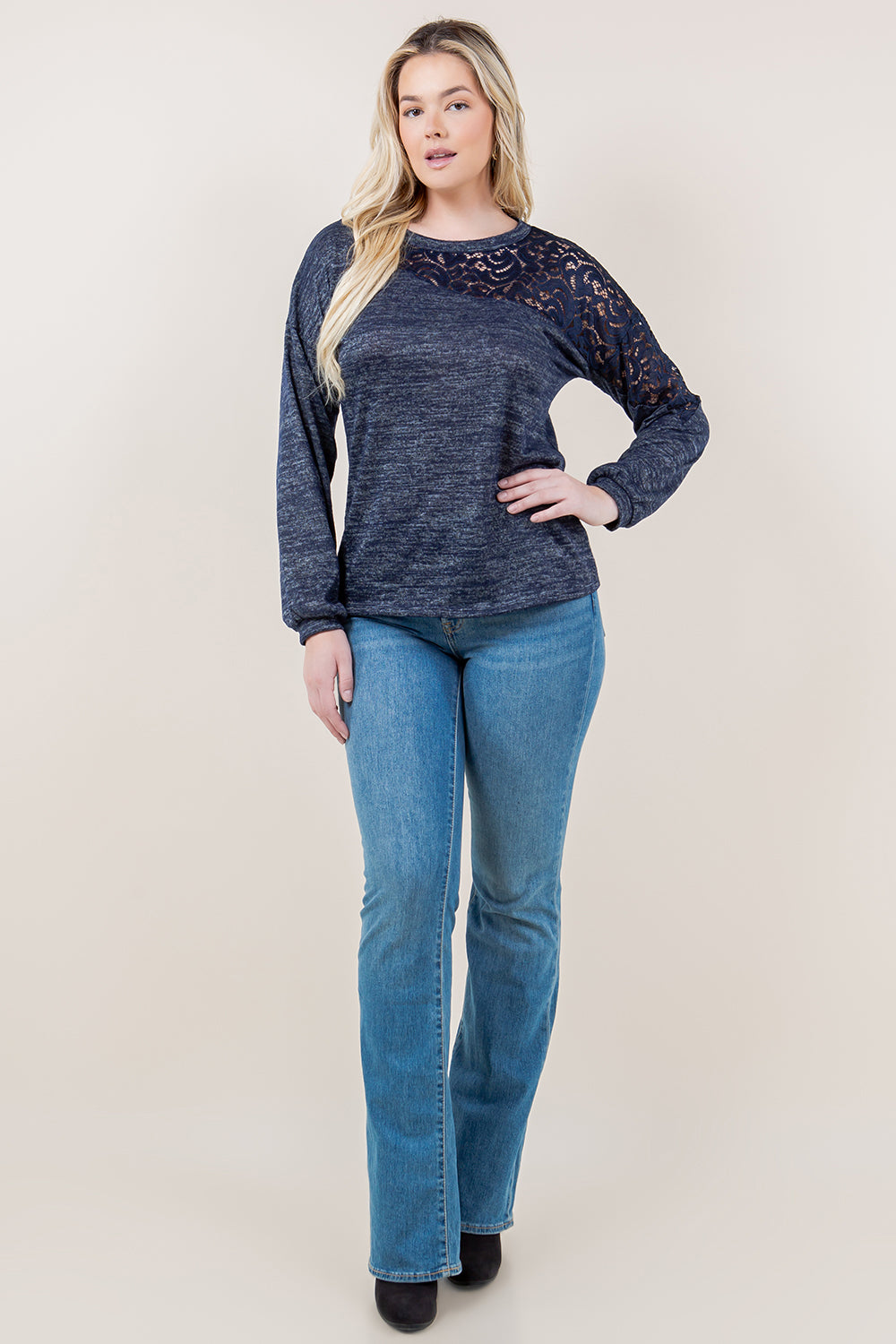 LS ASYMMETRICAL LACE PANEL PULLOVER  - T11611-2THACCI-NVY