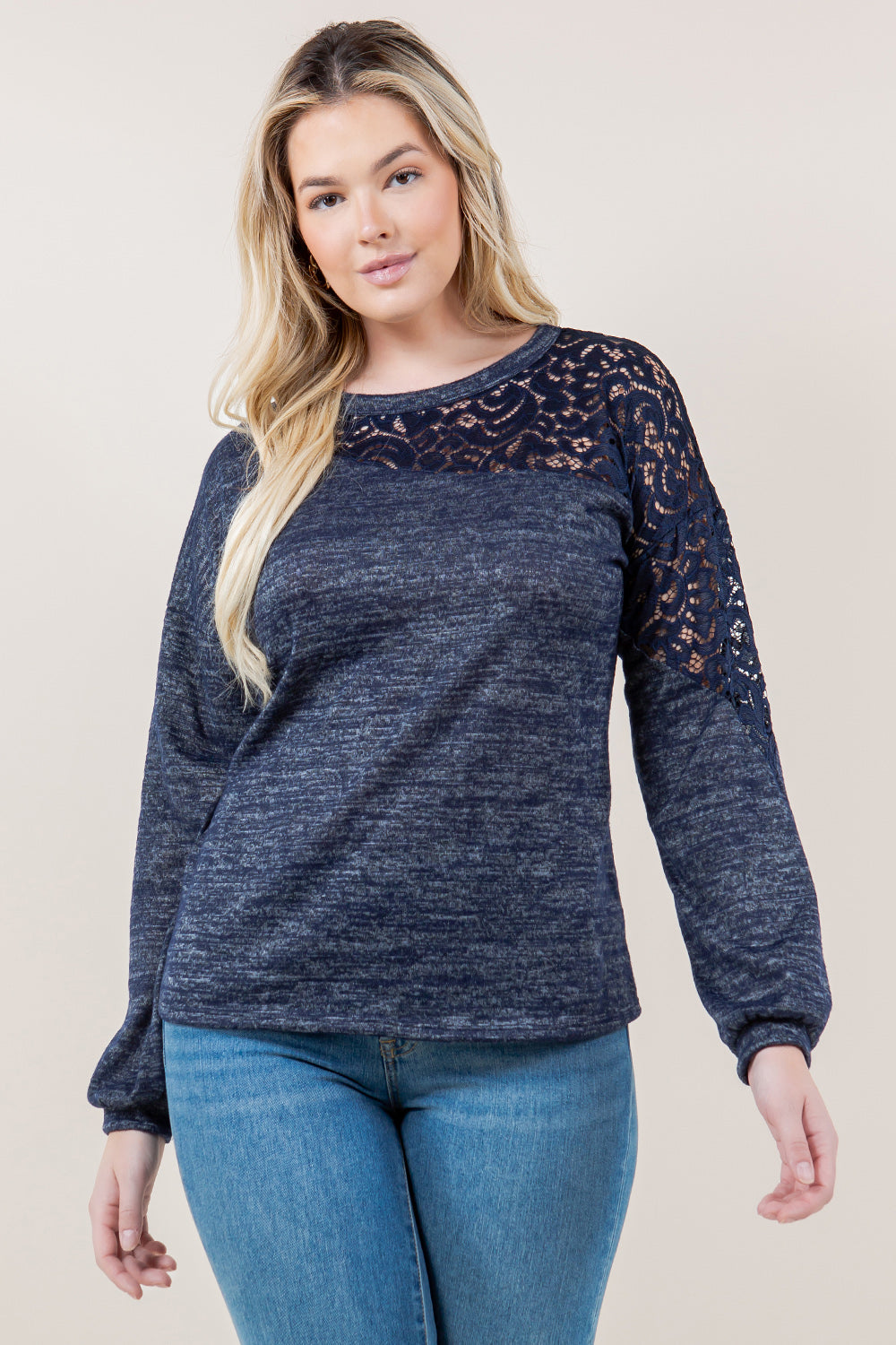LS ASYMMETRICAL LACE PANEL PULLOVER  - T11611-2THACCI-NVY
