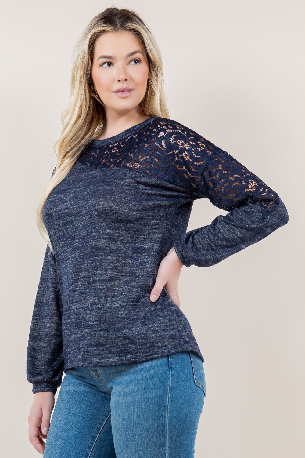 LS ASYMMETRICAL LACE PANEL PULLOVER  - T11611-2THACCI-NVY