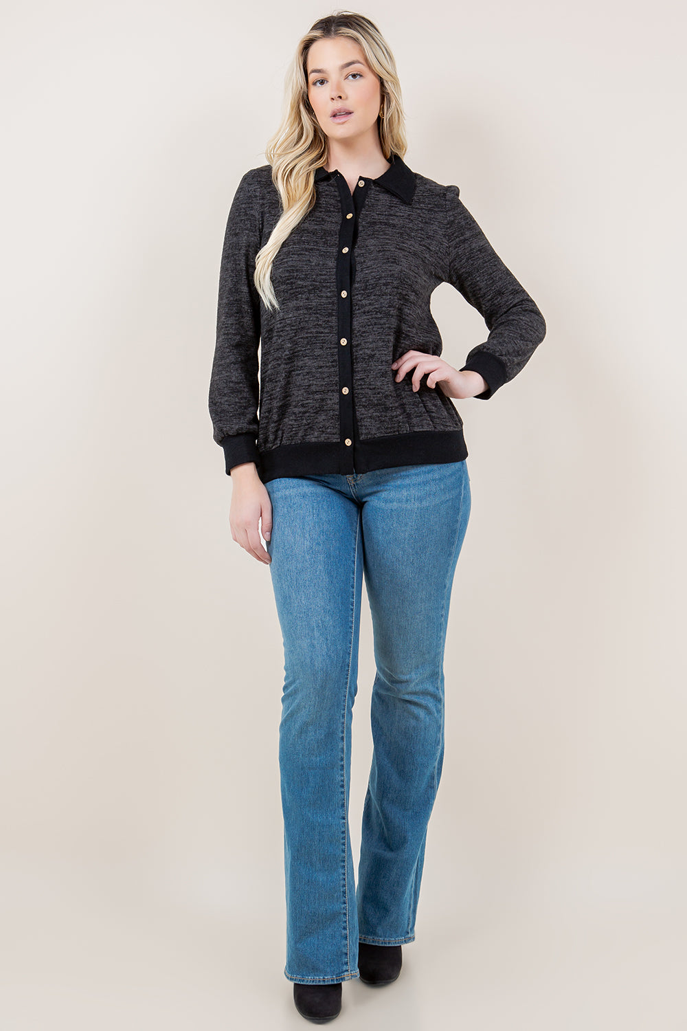 LS BUTTON FRONT CARDIGAN TOP - T11615-2THACCI-DK GREY