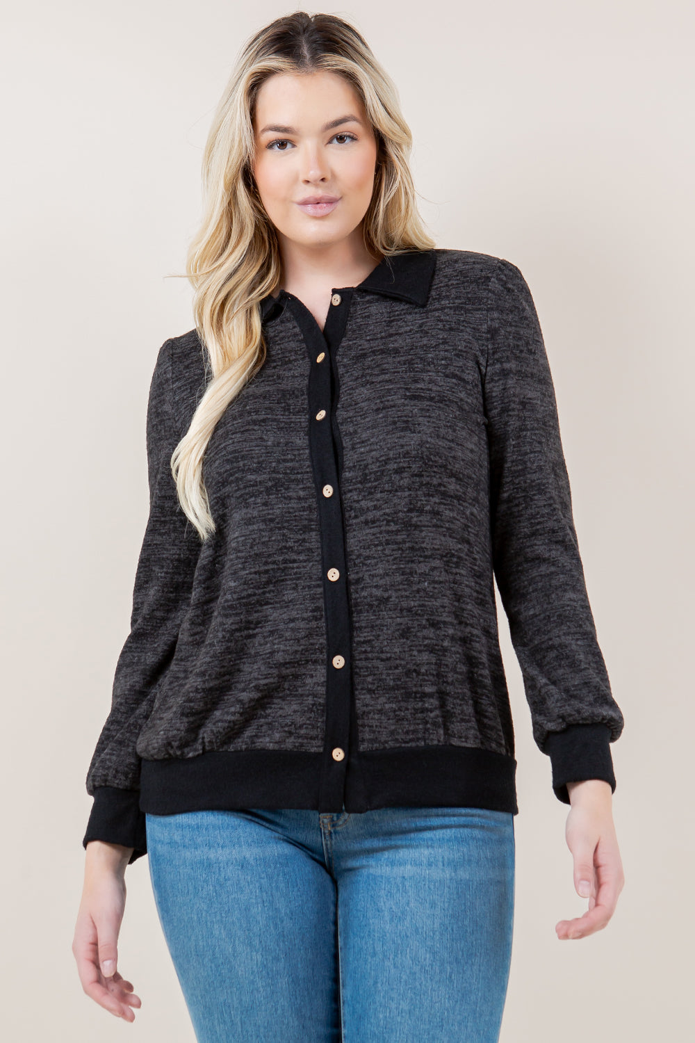 LS BUTTON FRONT CARDIGAN TOP - T11615-2THACCI-DK GREY