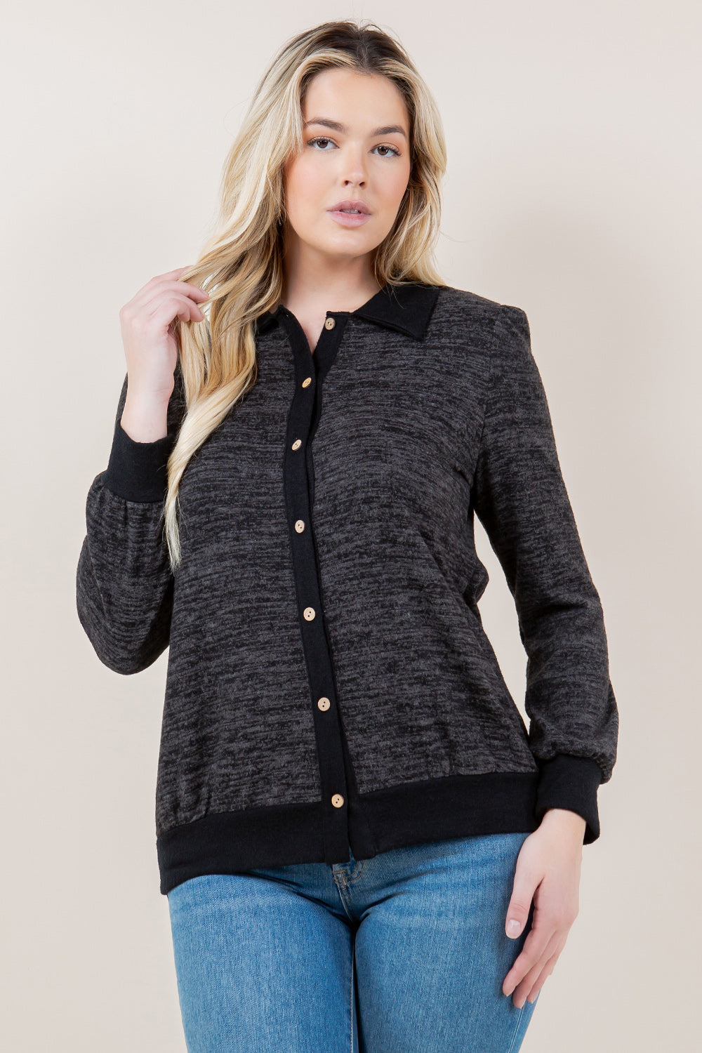 LS BUTTON FRONT CARDIGAN TOP - T11615-2THACCI-DK GREY