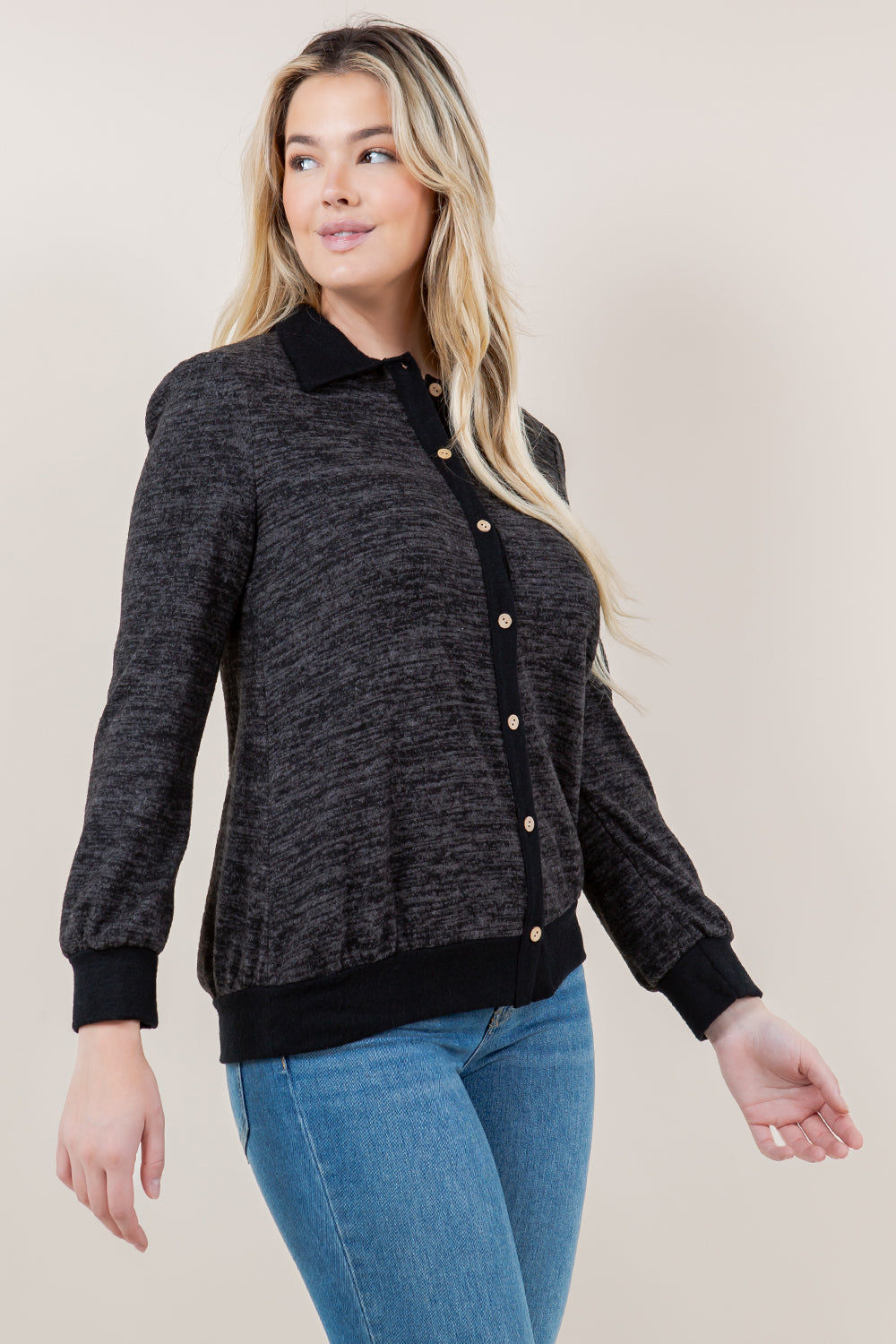 LS BUTTON FRONT CARDIGAN TOP - T11615-2THACCI-DK GREY