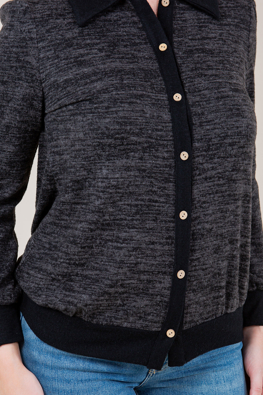 LS BUTTON FRONT CARDIGAN TOP - T11615-2THACCI-DK GREY