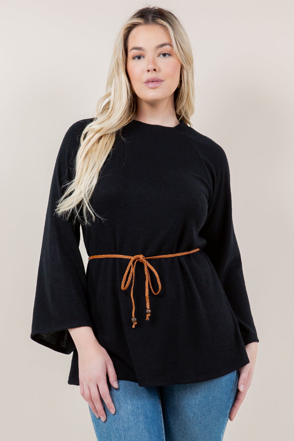 BELL LS RAGLAN MOCK NECK TUNIC WITH BRAIDED TIE - T11616-CSH-HACCI-BLK