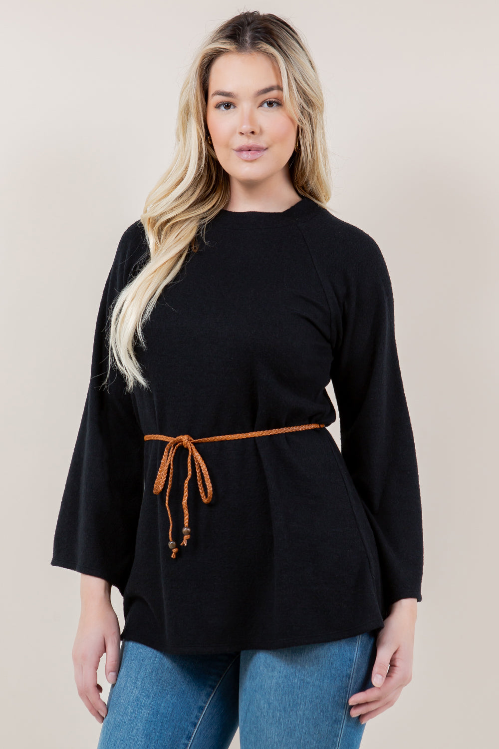 BELL LS RAGLAN MOCK NECK TUNIC WITH BRAIDED TIE - T11616-CSH-HACCI-BLK
