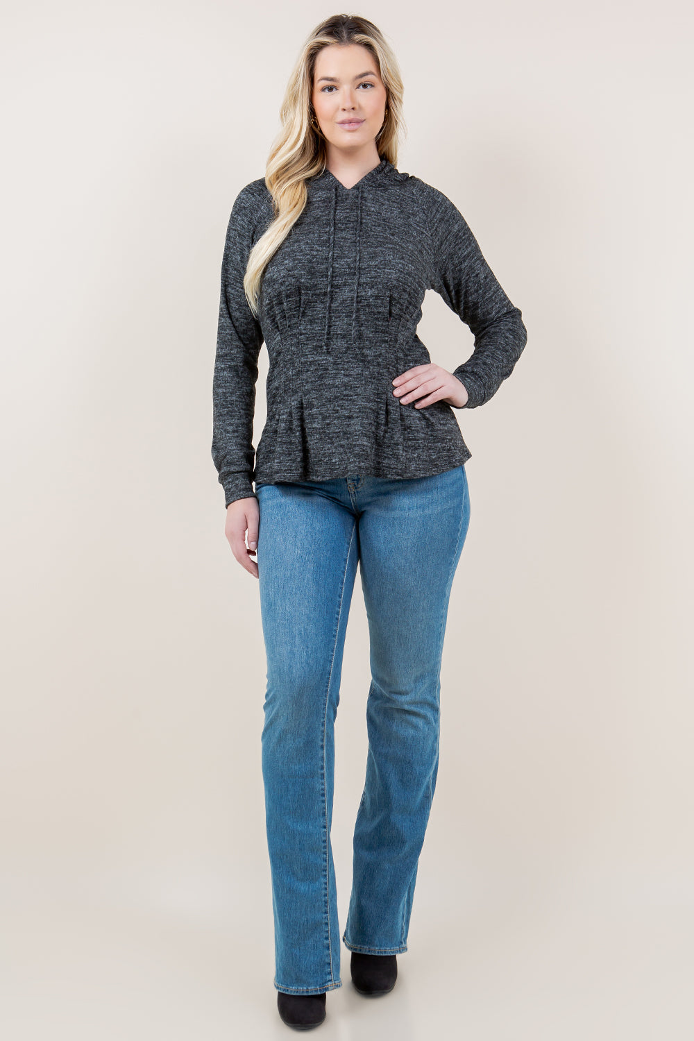 LS RAGLAN WAIST PLEATS HOODIE - T11617-CSH-HACCI-DK GREY