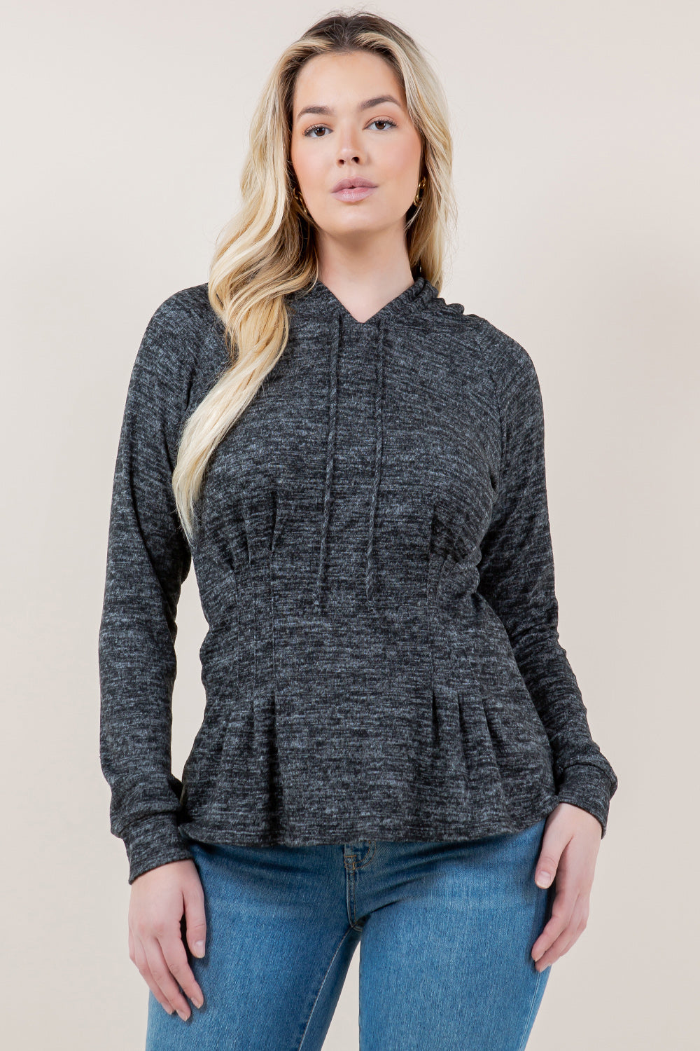 LS RAGLAN WAIST PLEATS HOODIE - T11617-CSH-HACCI-DK GREY