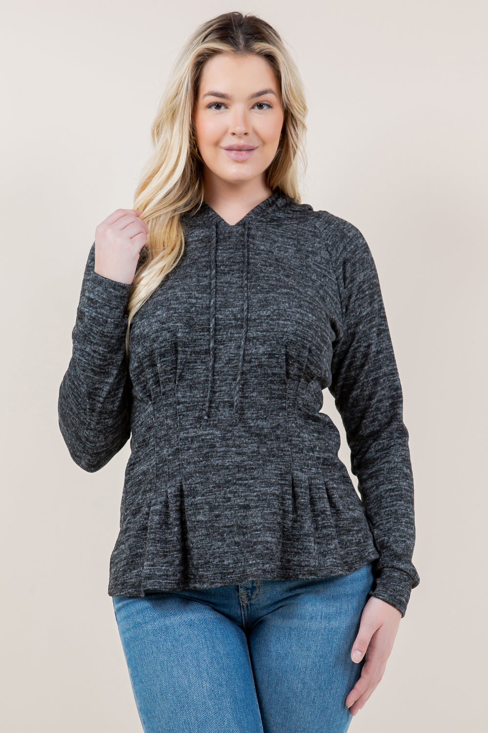 LS RAGLAN WAIST PLEATS HOODIE - T11617-CSH-HACCI-DK GREY