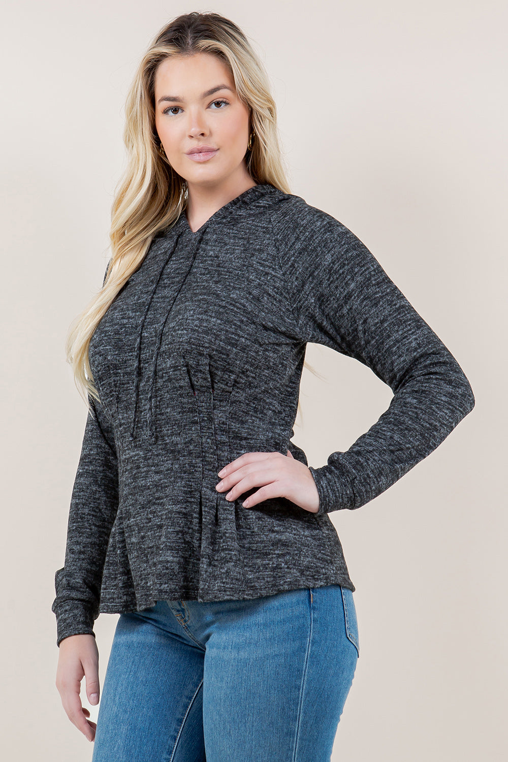 LS RAGLAN WAIST PLEATS HOODIE - T11617-CSH-HACCI-DK GREY