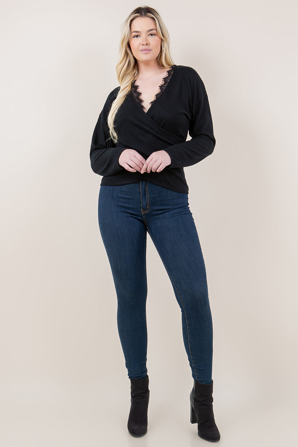 LS CRISS CROSS WRAP SCALLOP LACE V NECK PULLOVER - T11619-CSH-HACCI-BLK