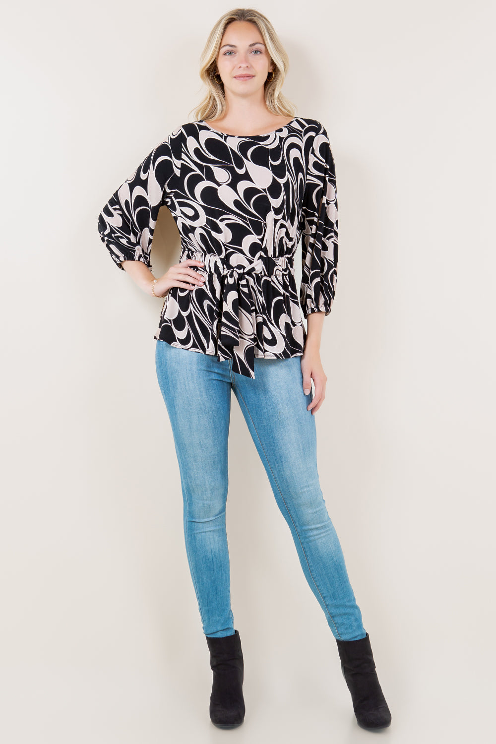 3/4 SLV BT NK ELASTIC TIE FRT WAIST BLOUSE - T11623-5641