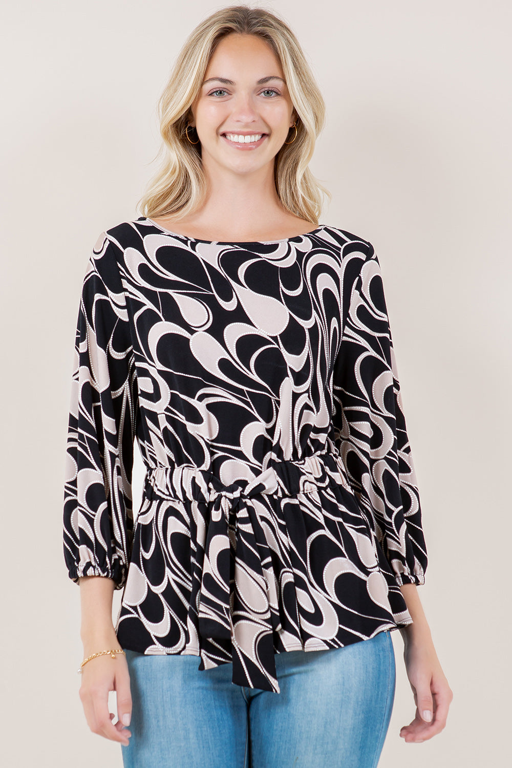 3/4 SLV BT NK ELASTIC TIE FRT WAIST BLOUSE - T11623-5641