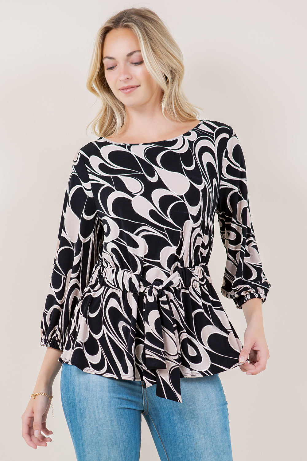 3/4 SLV BT NK ELASTIC TIE FRT WAIST BLOUSE - T11623-5641