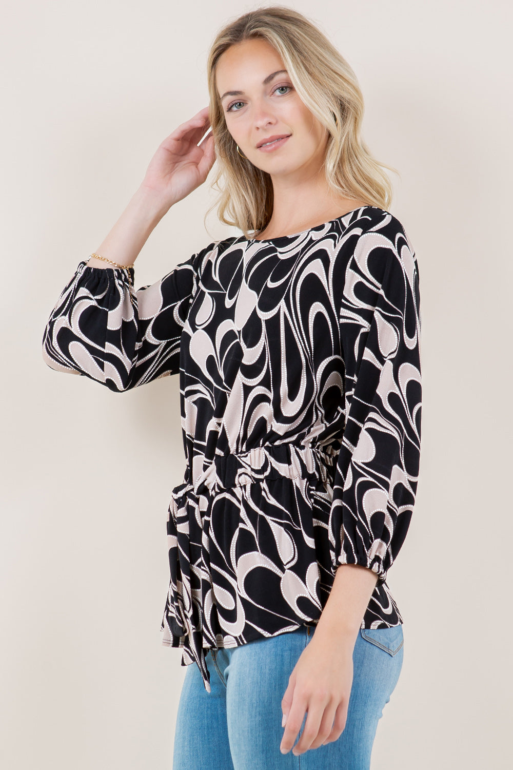 3/4 SLV BT NK ELASTIC TIE FRT WAIST BLOUSE - T11623-5641