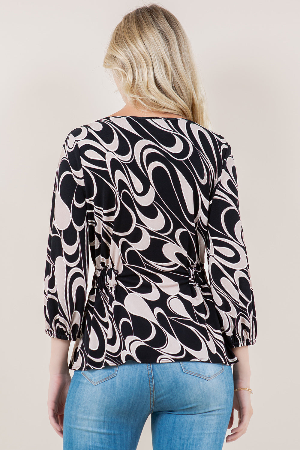 3/4 SLV BT NK ELASTIC TIE FRT WAIST BLOUSE - T11623-5641