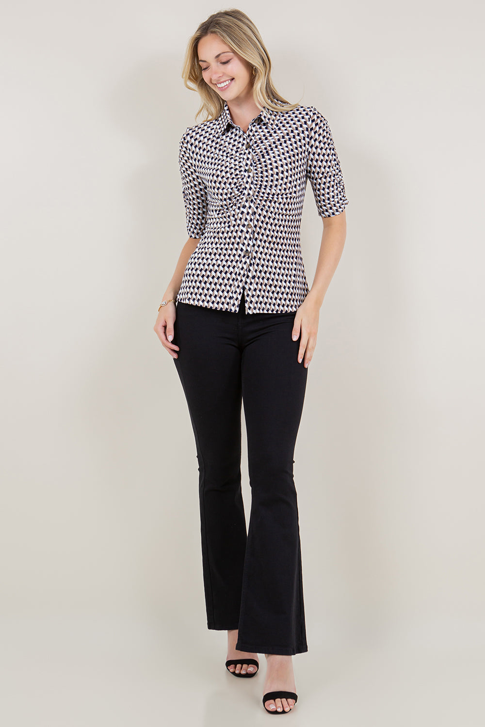 ELBOW SLEEVE SHIRR BUTTON DOWN SHIRT TOP - T11628-1128