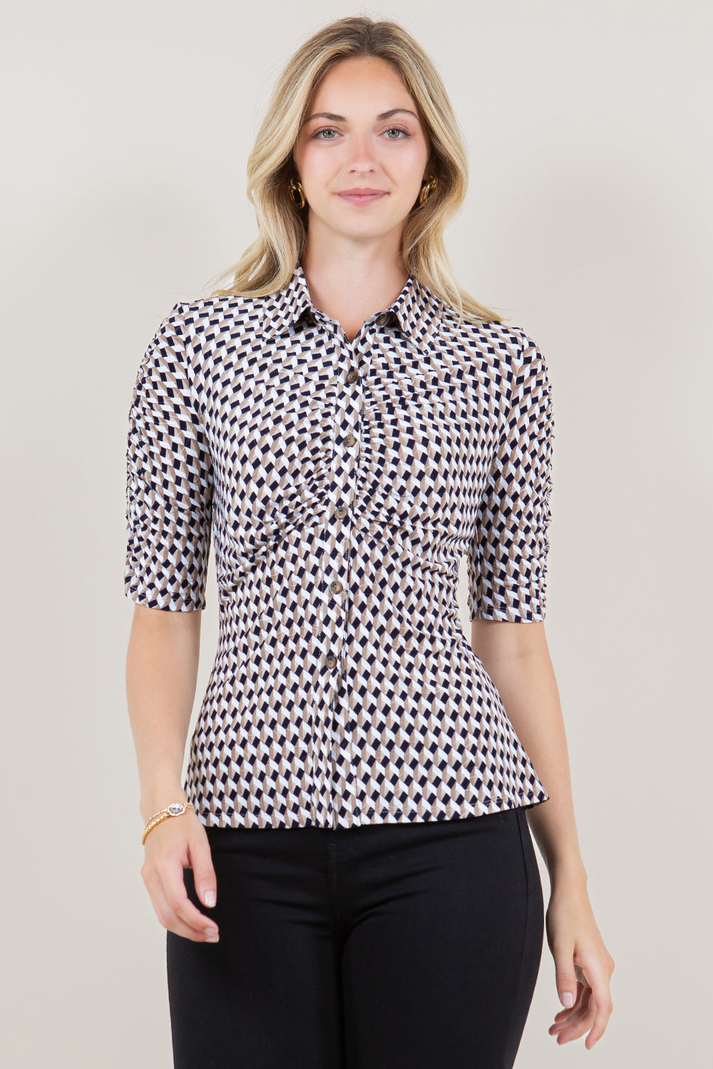 ELBOW SLEEVE SHIRR BUTTON DOWN SHIRT TOP - T11628-1128