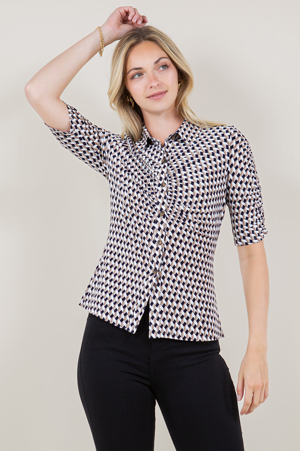 ELBOW SLEEVE SHIRR BUTTON DOWN SHIRT TOP - T11628-1128
