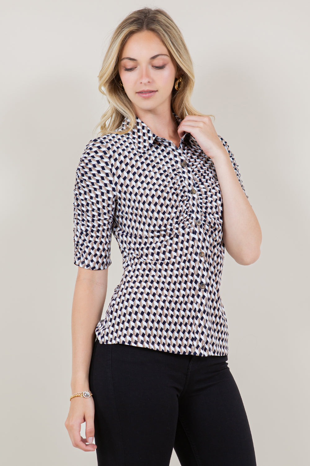 ELBOW SLEEVE SHIRR BUTTON DOWN SHIRT TOP - T11628-1128