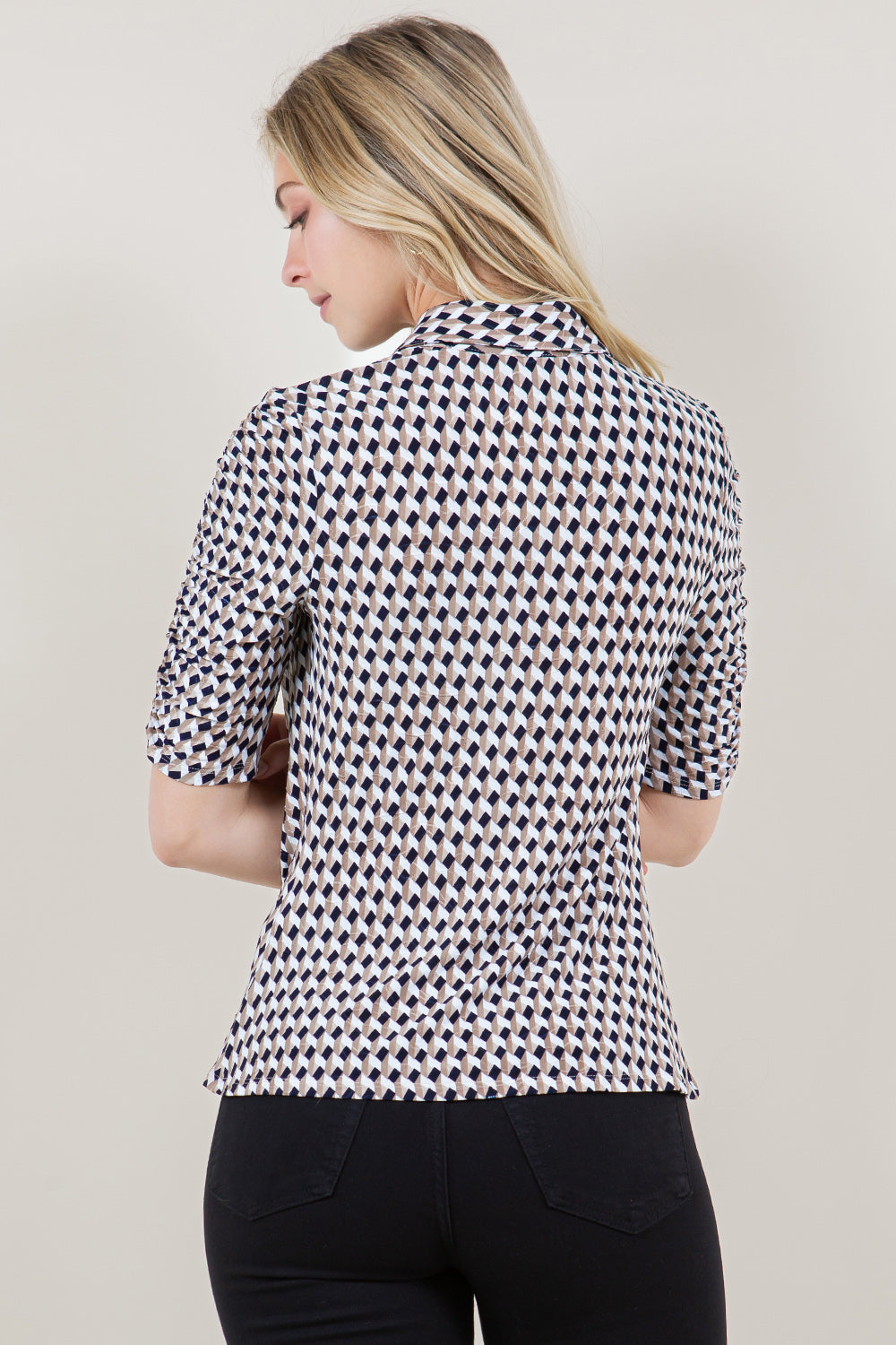 ELBOW SLEEVE SHIRR BUTTON DOWN SHIRT TOP - T11628-1128