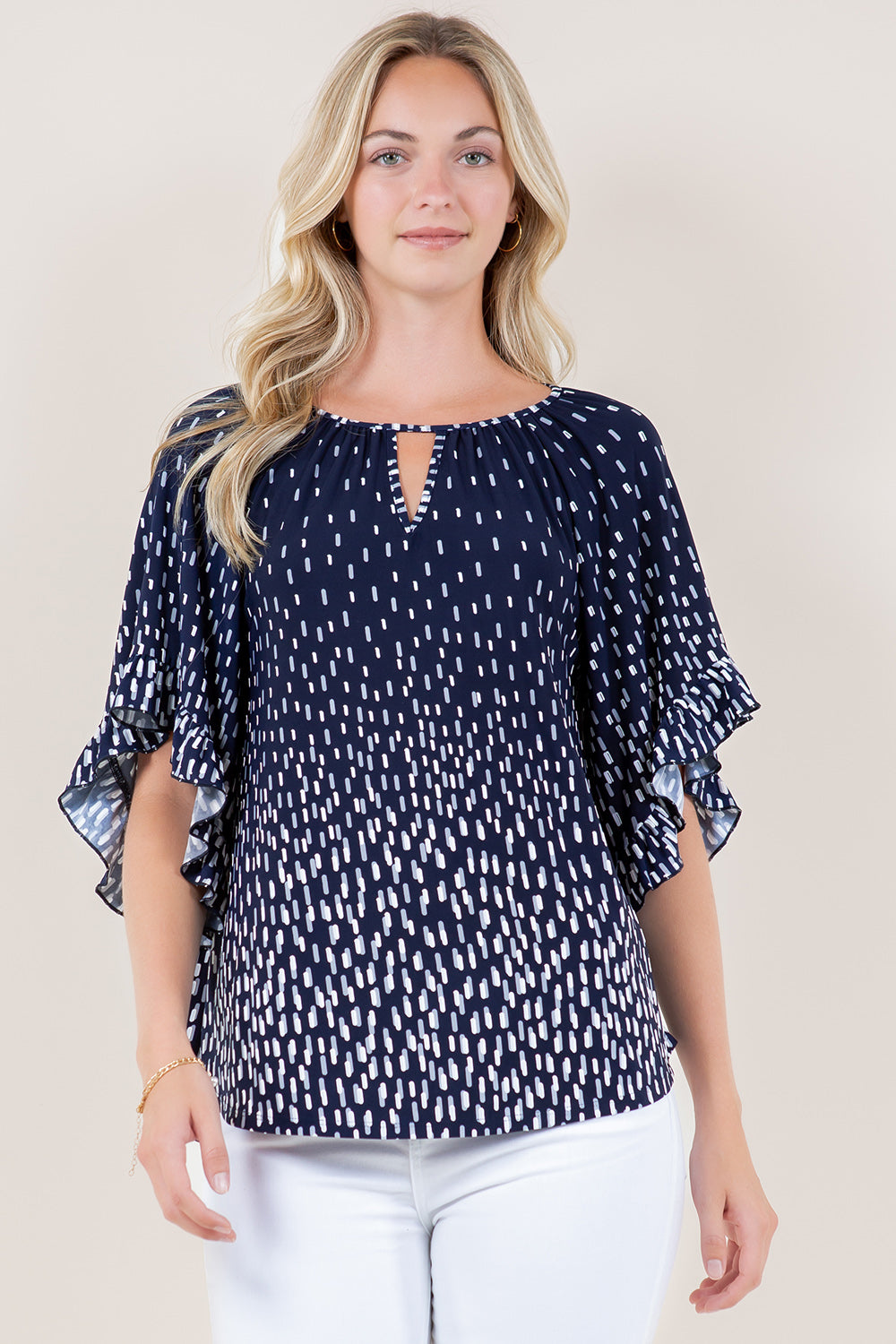ELB RAGLAN RUFFLE SLV SHIRR NECK TOP - T11634-2723