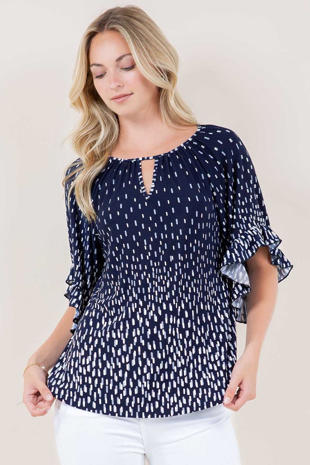 ELB RAGLAN RUFFLE SLV SHIRR NECK TOP - T11634-2723