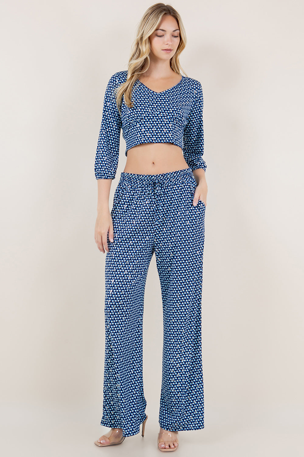 3/4 PUFF SLV V NECK TOP & DRAWSTRING PALAZZO PANTS WITH POCKETS - T11636-0005-SET