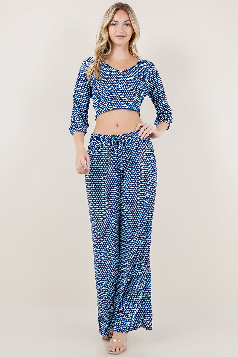 3/4 PUFF SLV V NECK TOP & DRAWSTRING PALAZZO PANTS WITH POCKETS - T11636-0005-SET