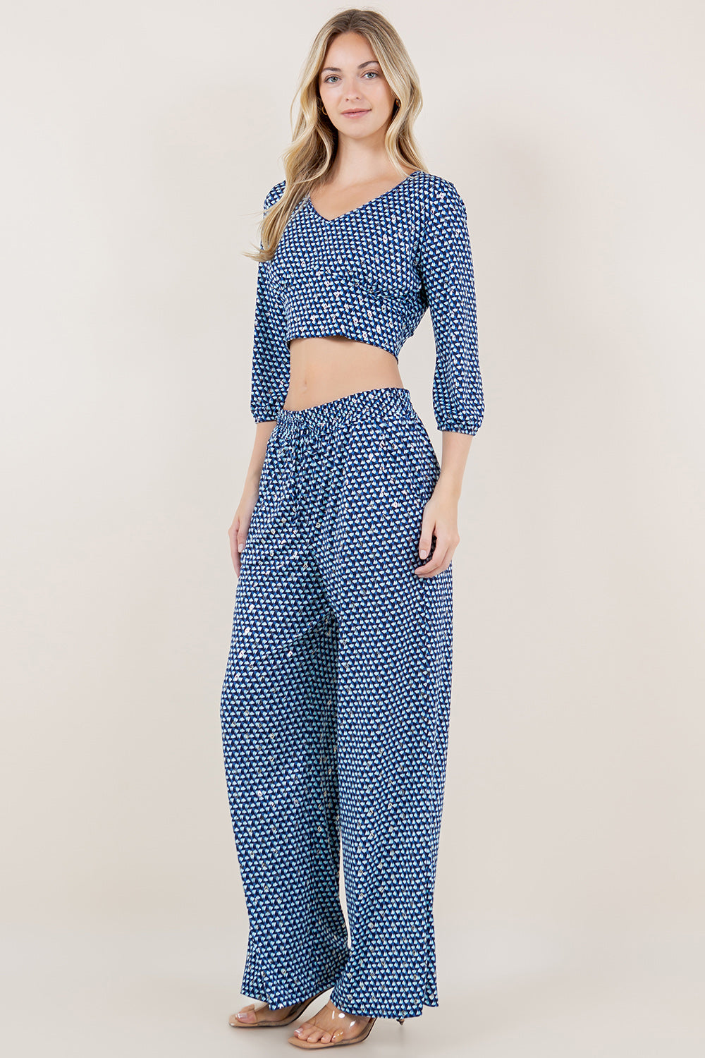3/4 PUFF SLV V NECK TOP & DRAWSTRING PALAZZO PANTS WITH POCKETS - T11636-0005-SET