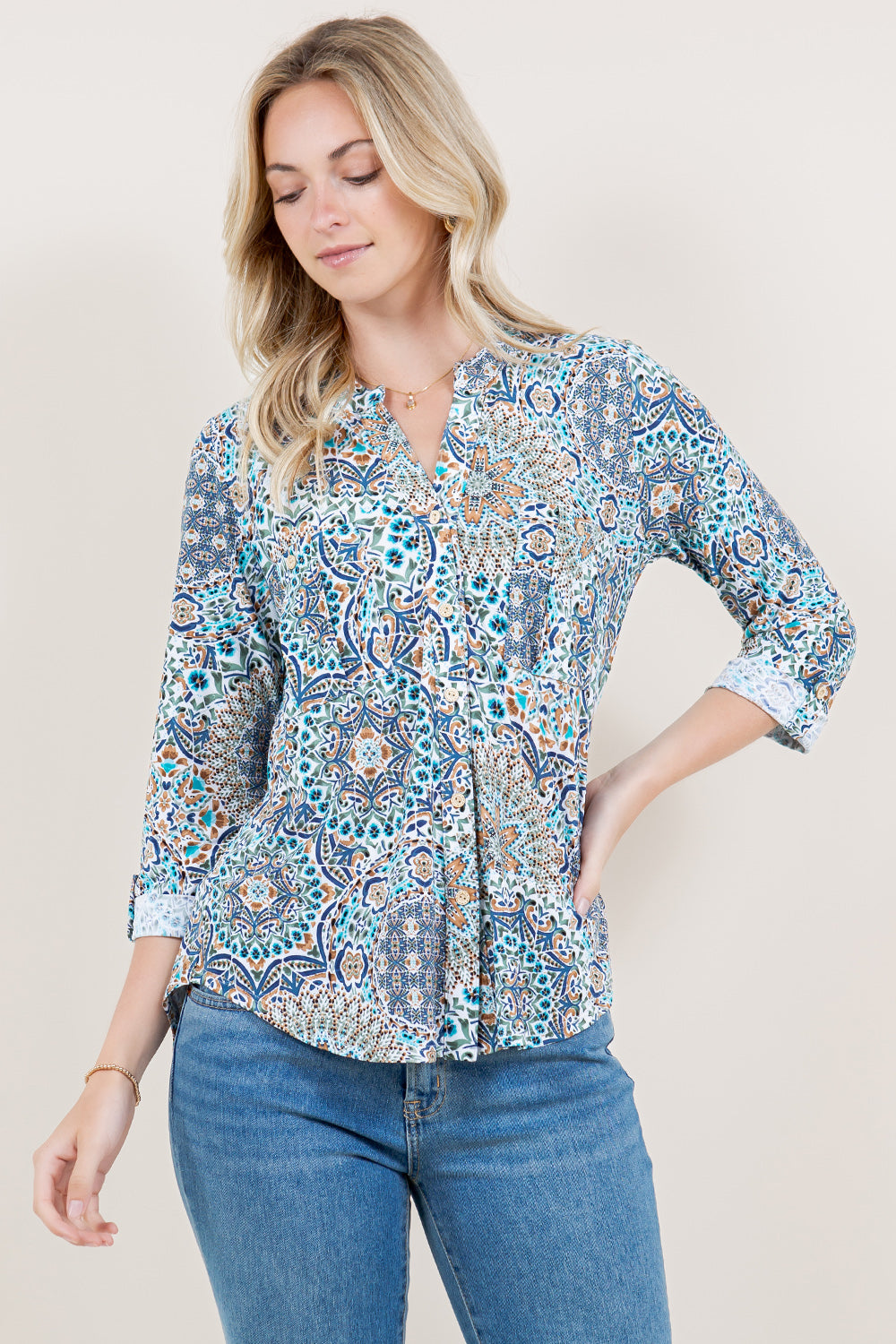3/4 SLEEVE BUTTON DOWN FOLD POCKET SHIRT - T11637-07242-JQITY
