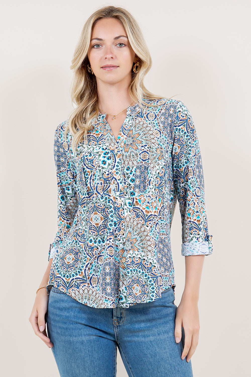 3/4 SLEEVE BUTTON DOWN FOLD POCKET SHIRT - T11637-07242-JQITY