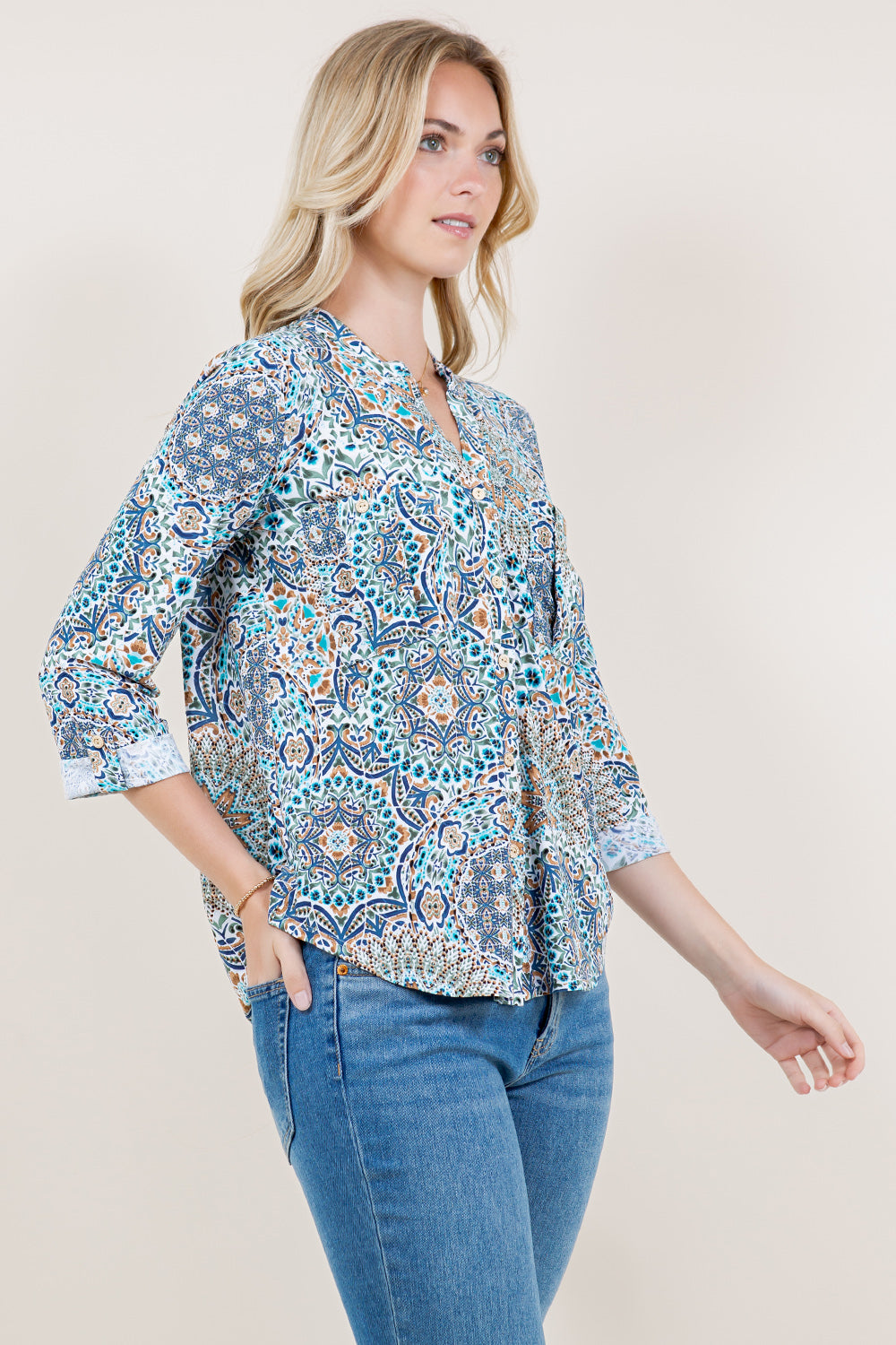 3/4 SLEEVE BUTTON DOWN FOLD POCKET SHIRT - T11637-07242-JQITY