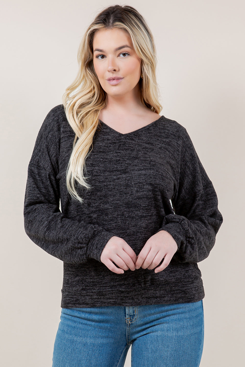 PUFF LS V NECK BACK BOW TIE PULLOVER - T11639-2THACCI-CHARCOAL
