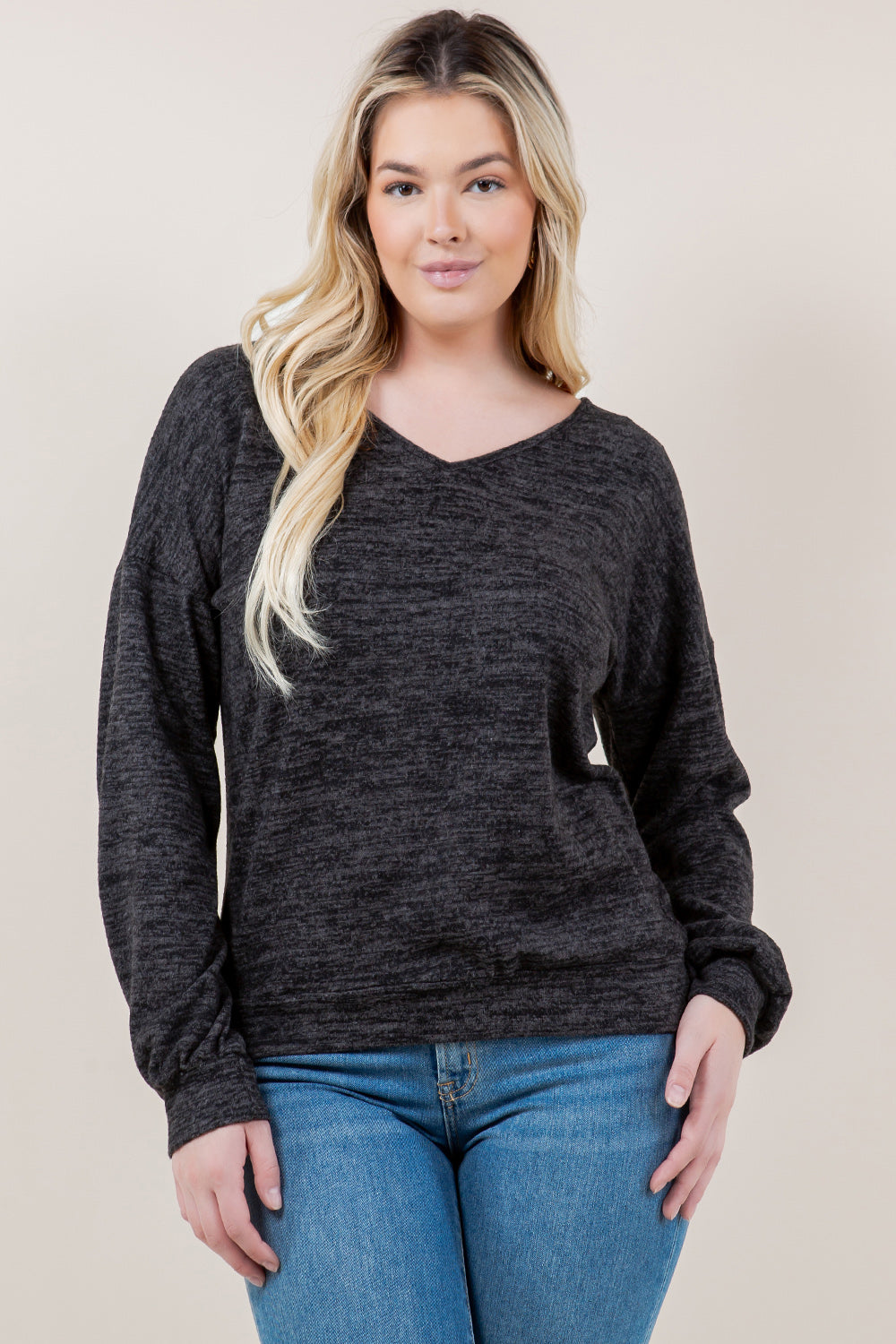 PUFF LS V NECK BACK BOW TIE PULLOVER - T11639-2THACCI-CHARCOAL