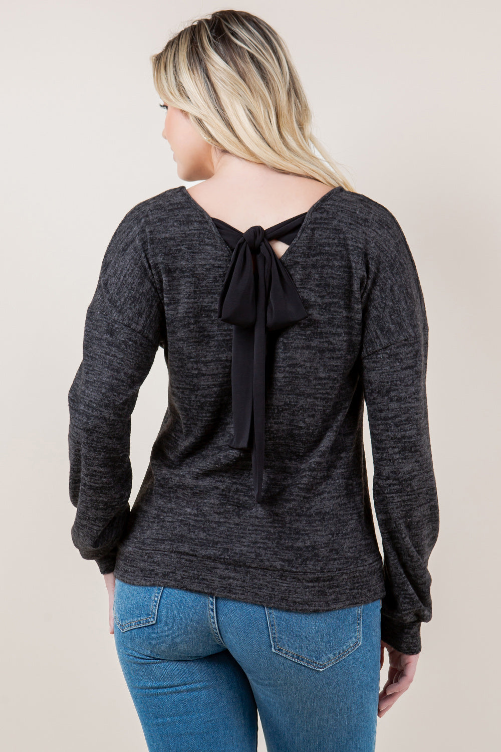 PUFF LS V NECK BACK BOW TIE PULLOVER - T11639-2THACCI-CHARCOAL