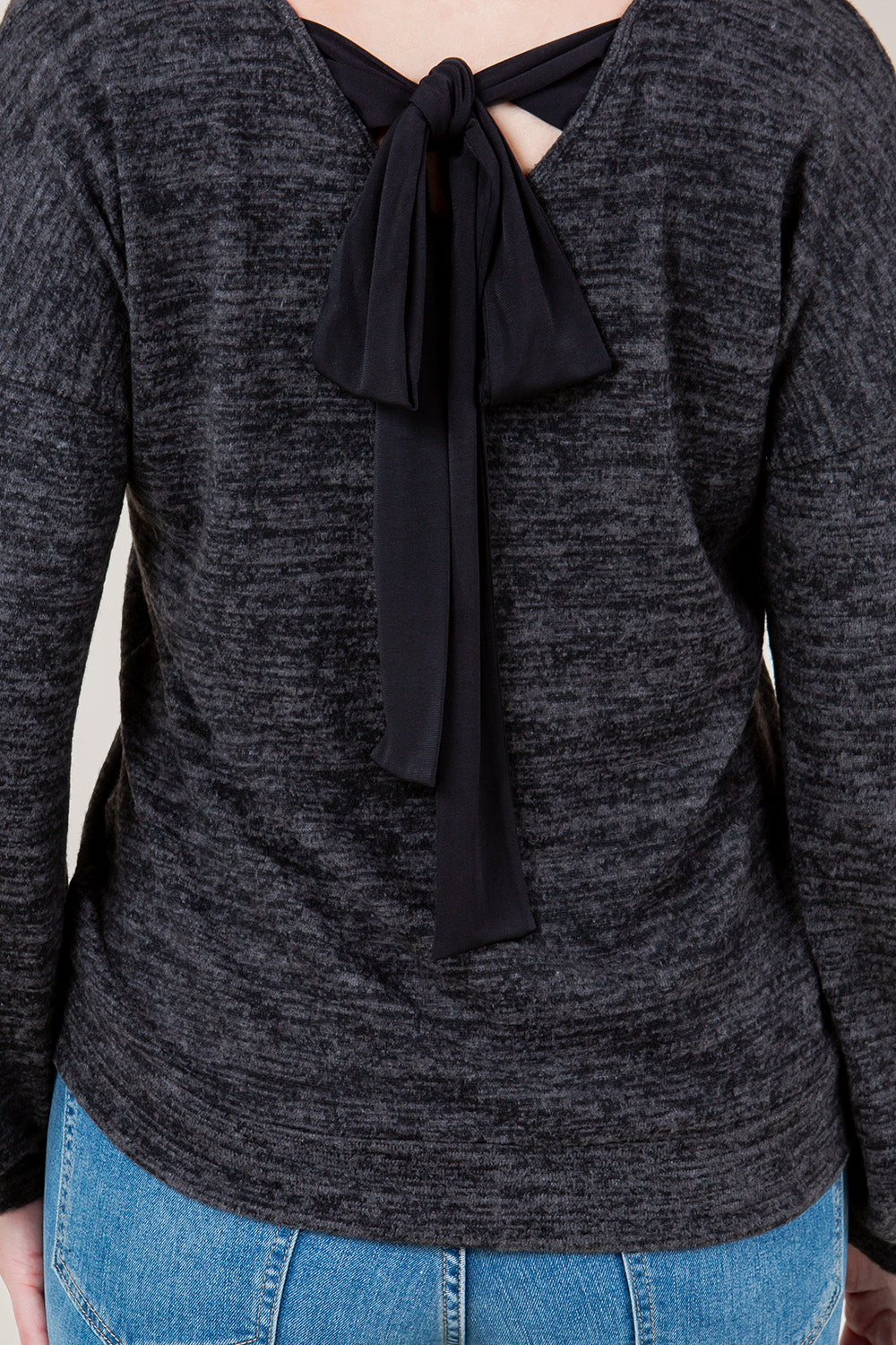 PUFF LS V NECK BACK BOW TIE PULLOVER - T11639-2THACCI-CHARCOAL