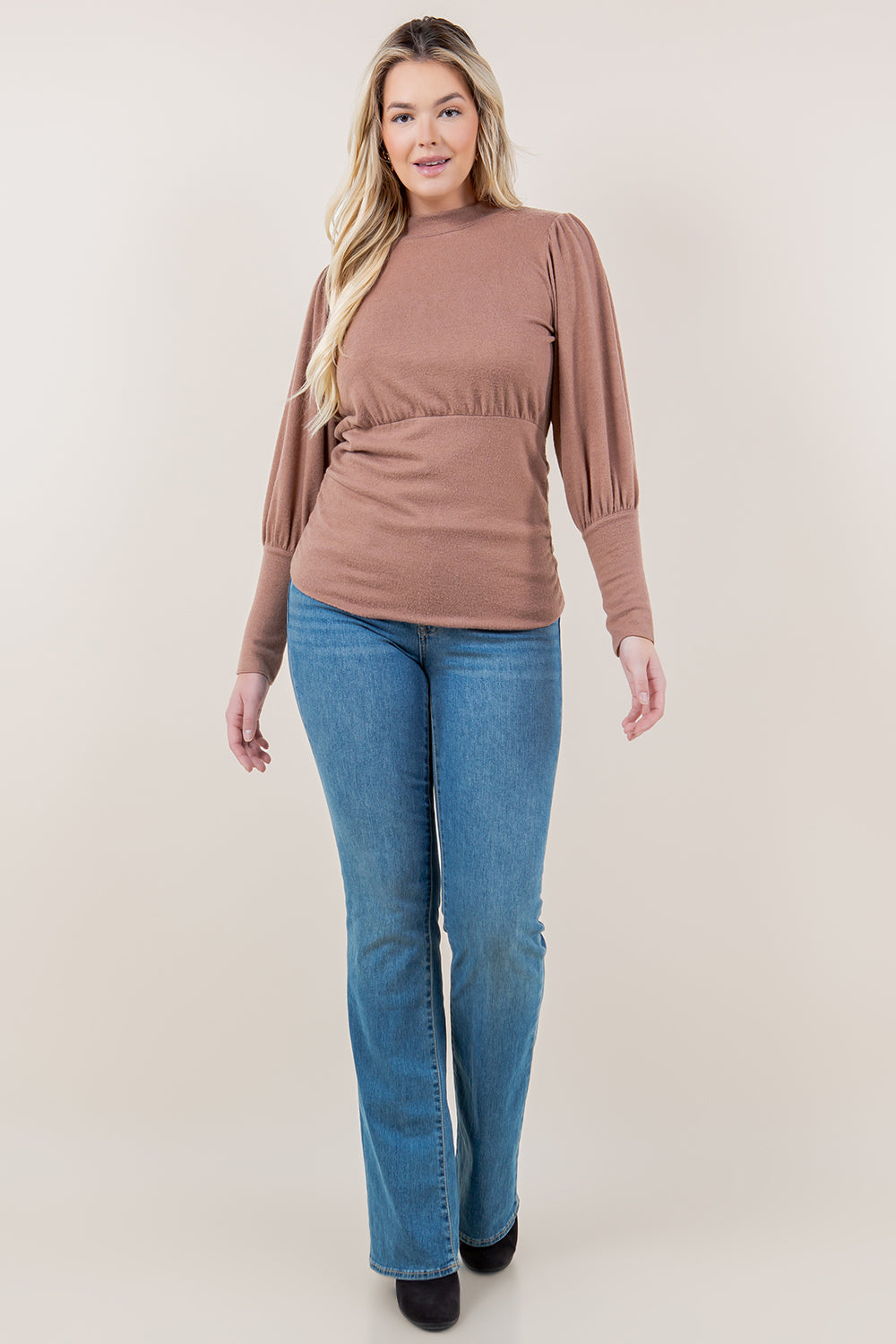 LS WIDE CUFF PUFF MOCK NECK TOP - T11647-CSH HACCI-TAUPE