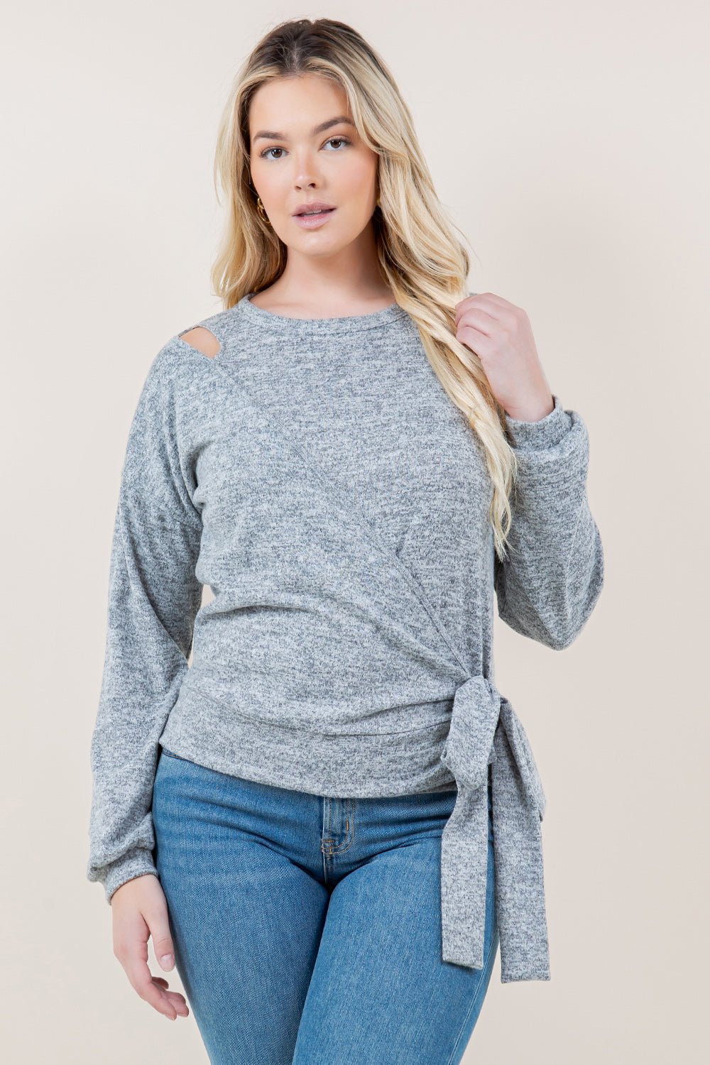 LS CUT OUT FAUX WRAP PULL OVER - T11651-2THACCI-H GREY