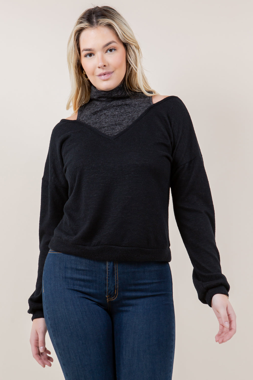 LS CUT OUT MOCK NK PULL OVER - T11659-CSH HACCI-BLK
