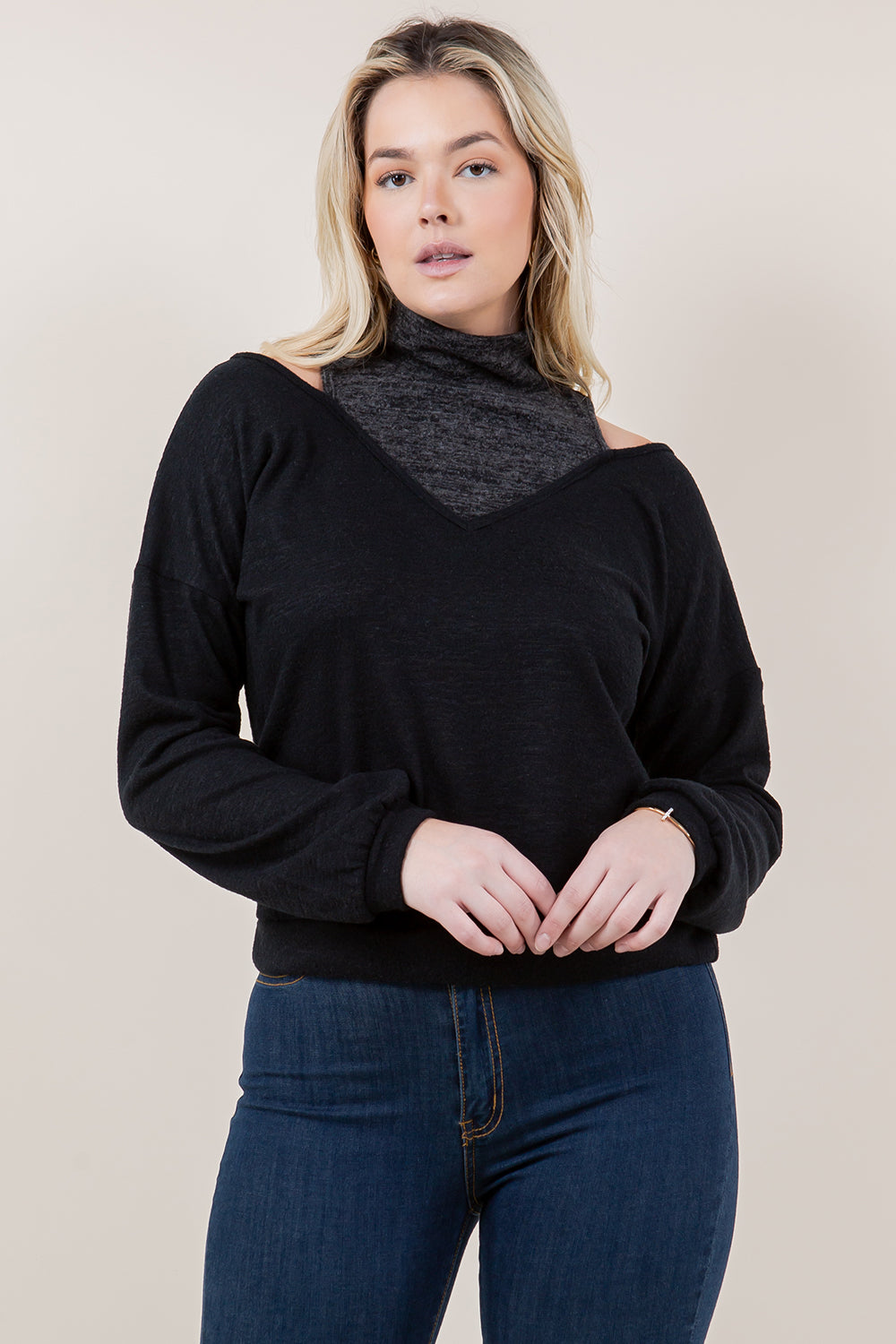 LS CUT OUT MOCK NK PULL OVER - T11659-CSH HACCI-BLK