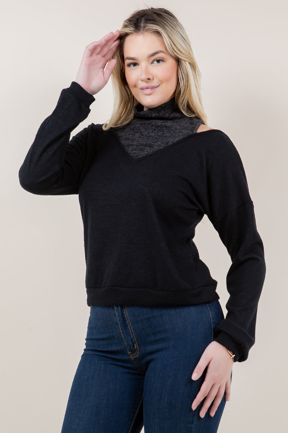 LS CUT OUT MOCK NK PULL OVER - T11659-CSH HACCI-BLK
