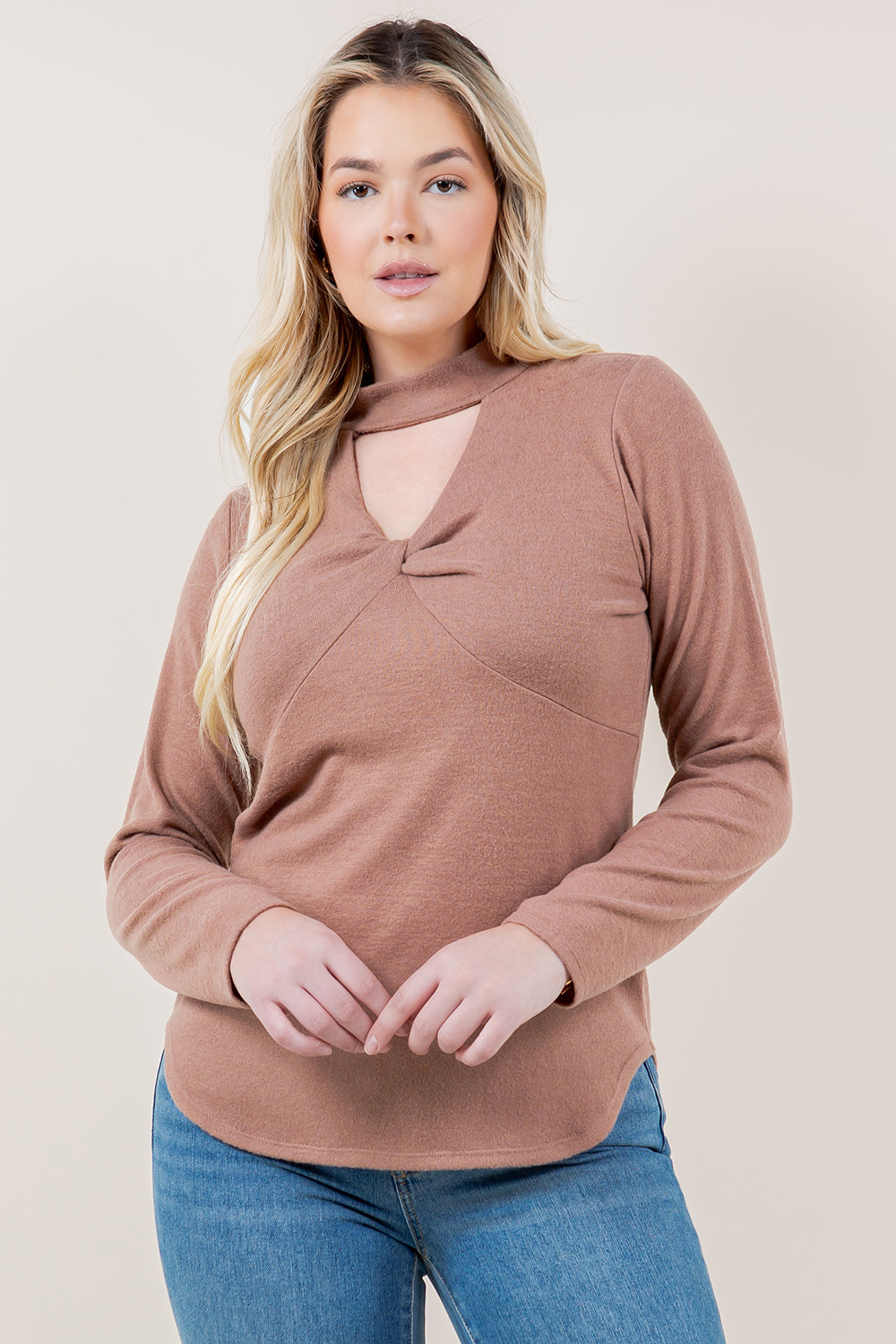 LS TWIST FRONT MOCK NECK TOP - T11661-CSH HACCI-TAUPE